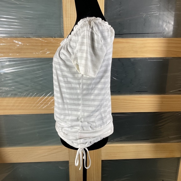 Bum Equipment White Semi-Sheer Striped T-Shirt With Adjustable Tie At Waist - Picture 2 of 9